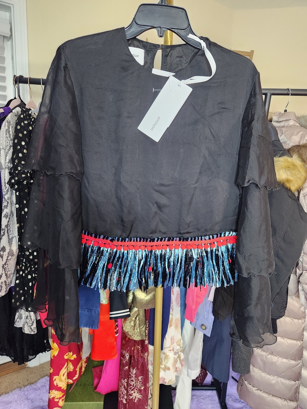 Black Fringe-Trim Blouse with Multi-Color Accents
